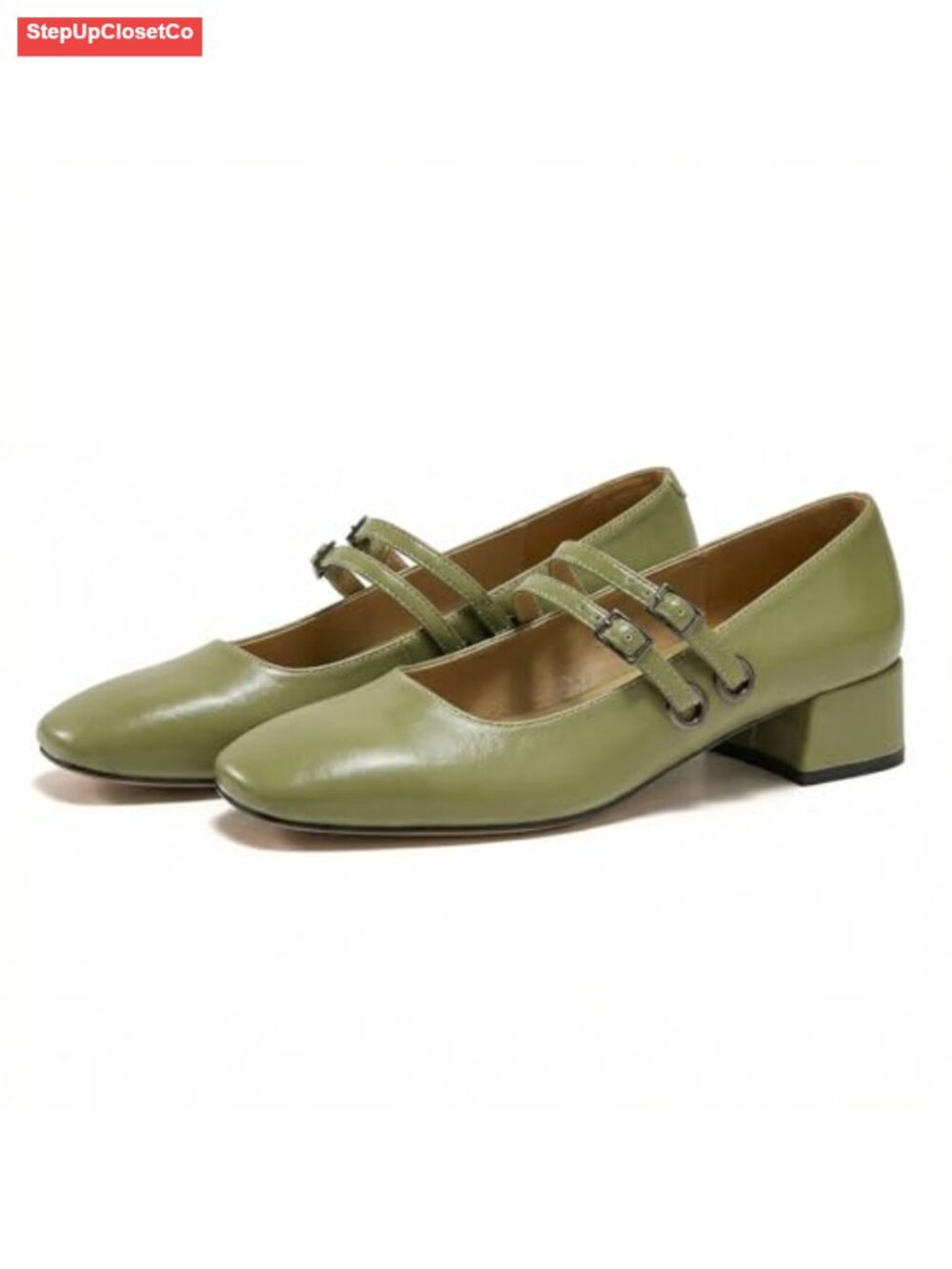 Low Pearl Heels Closed Square Toe Pumps Mary Jane Double Strap Comfortable Slip - Picture 3 of 6